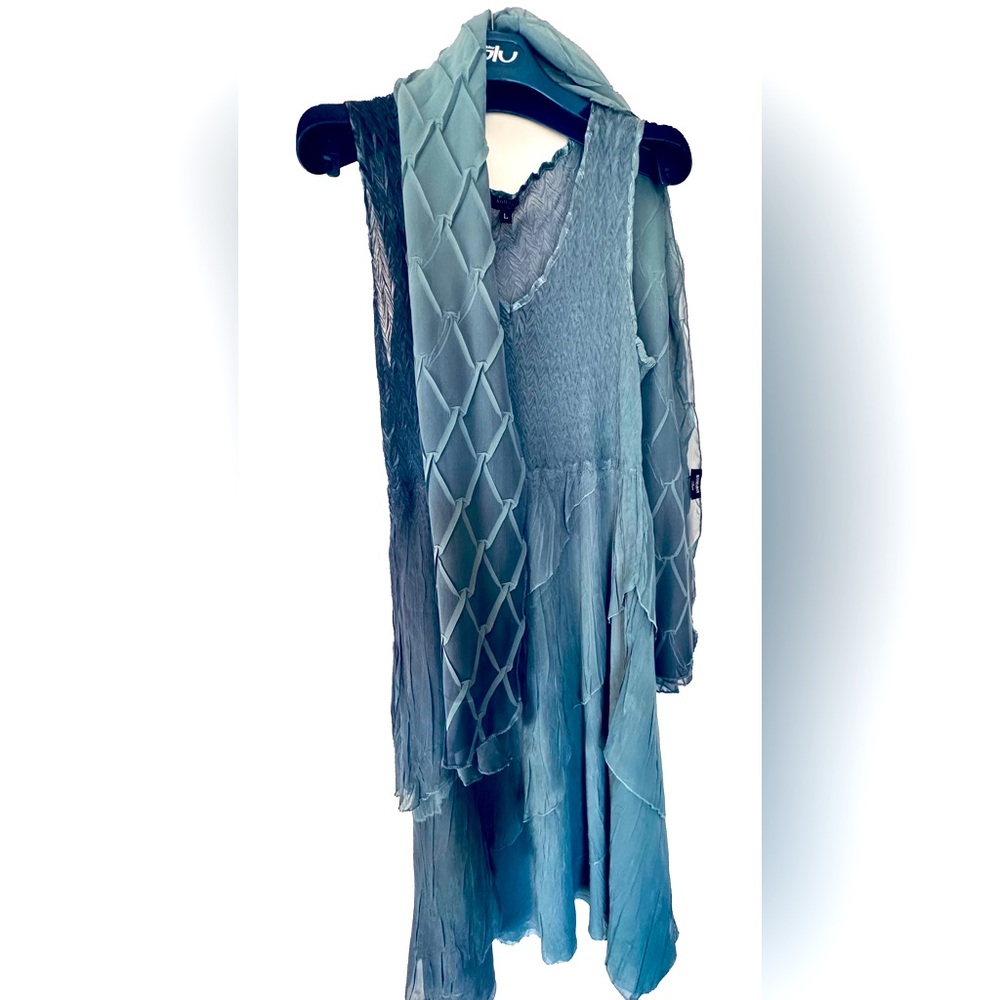 Komarov Whimsical Slate Blue Chiffon Coctail Dress